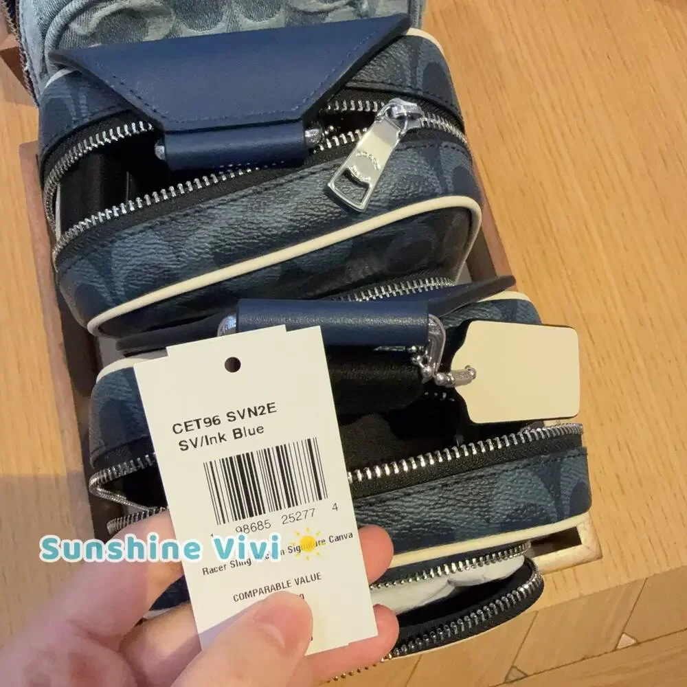 NWT Coach men Racer Sling Pack Signature Canvas Charms Silver/Ink Blue CET96